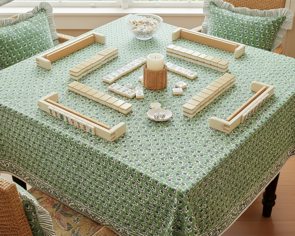 Basil Green tablecloth at a mahjong night